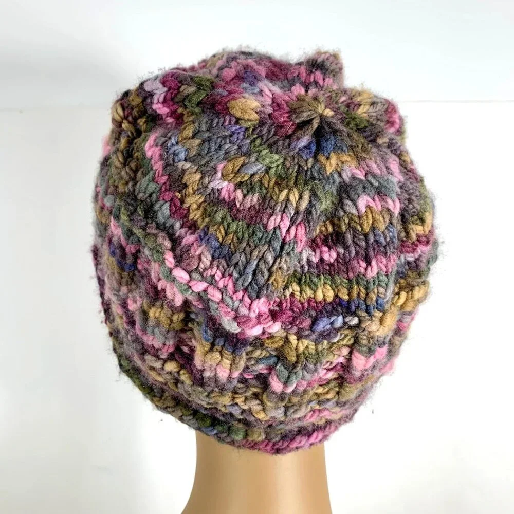 Handmade Knitted Crochet Multicolor Wool Blend Granny Beanie Hat For Adults